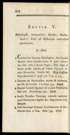 Sectio V. Philosophi, Jureconsulti, Medici, Mathematici, Libri ad Historiam naturalem pertinentes