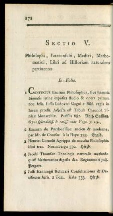 Sectio V. Philosophi, Jureconsulti, Medici, Mathematici, Libri ad Historiam naturalem pertinentes