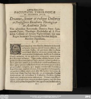 Approbatio Facultatis Theologicae In Academia Julia.