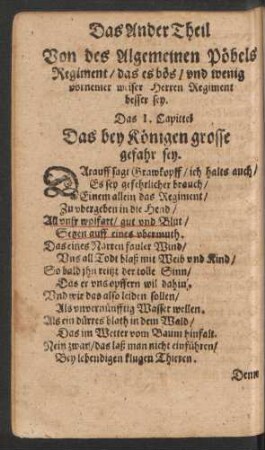 Das Ander Theil Von des Algemeinen Pöbels Regiment/ das es bös/ und wenig vornemer weiser Herren Regiment besser sey.