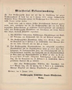 2. Ministerial-Bekanntmachung, betreffend Anordnung wefen der Landestrauer in Folge des Ablebens Seiner Königlichen Hoheit des Großherzogs Carl Alexander von Sachsen-Weimar-Eisenach