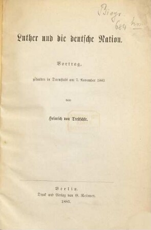 Luther und die Deutsche Nation : Vortrag, gehalten in Darmstadt am 7. November 1883