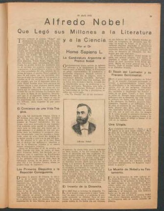 Alfredo Nobel : Que legó sus millones a la literatura y a la ciencia