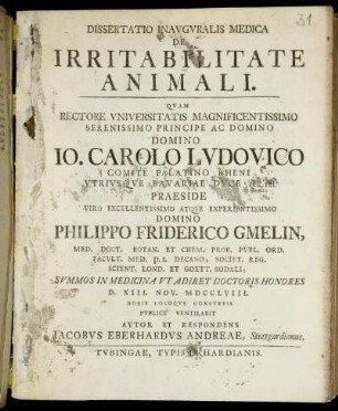 Dissertatio Inauguralis Medica De Irritabilitate Animali : D. XIII. Nov. MDCCLVIII. ...