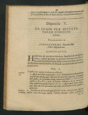 Disputatio V. De Feudi Per Investituram Constitutione. Respondente Iohan-Henrico Von Der Lühe