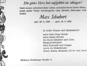 Wilsdruff-Mohorn. Dorfmühle, Todesanzeige für Max Schubert