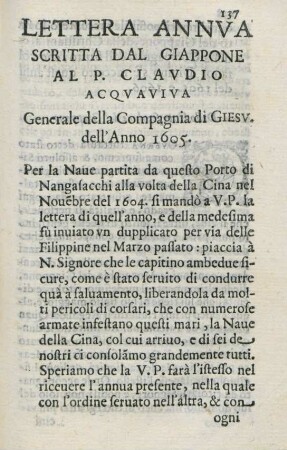 Lettera annua scritta dal Giappone al P. Claudio Acquaviva. Generale della Compagnia di Giesu. dell'anno 1605