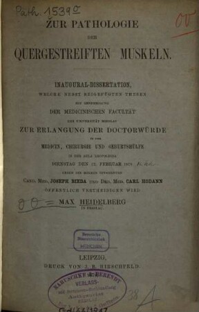Zur Pathologie der quergestreiften Muskeln : [Med. Diss. Breslau 1878] [Umschlagt.]