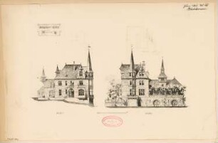 Villa, Cochem Monatskonkurrenz Juni 1884: Aufriss Vorderansicht, Seitenansicht; Maßstabsleiste