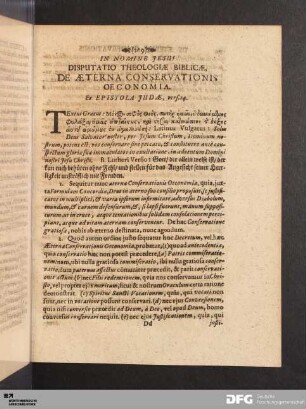 Disputatio Theologiae Biblicae, De Aeterna Conservationis Oeconomia.