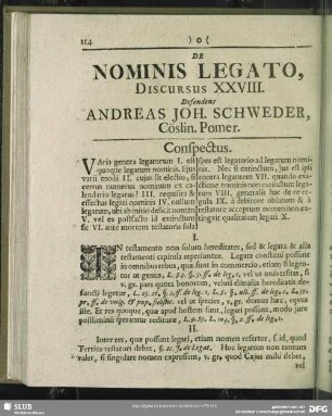De Nominis Legato, Discursus XXVIII. Defendens Andreas Joh. Schweder, Cöslin. Pomer.