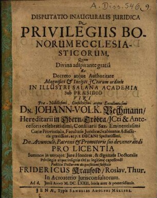 Disputatio inauguralis iuridica de privilegiis bonorum ecclesiasticorum