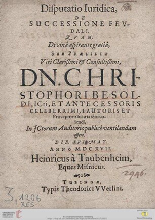 Disputatio Iuridica, De Successione Feudali