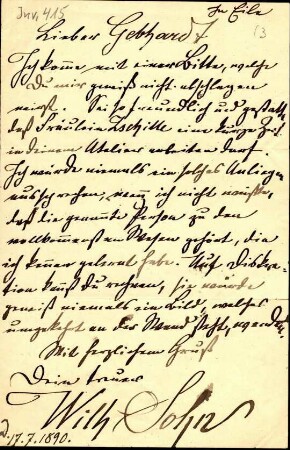 5-10-19-2.0000: Sohn, Professor Wilhelm, Maler; diverse Schreiben ff.: Bitte an v. Gebhardt, eine Fräulein Zschille in seinem Atelier malen zu lassen