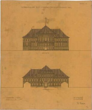 Fischer, Theodor; Kiel; Marine-Offizierskasino - Vorentwurf - Seeseite u. Landseite (Ansichten)