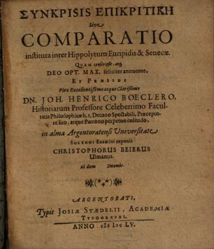 Synkrisis Epikritikē Sive Comparatio instituta inter Hippolytum Euripidis & Senecae
