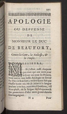 Apologie ou deffense de Monsieur le Duc de Beaufort