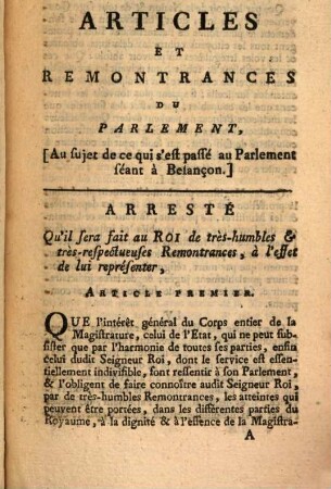 Articles et remontrances du Parlement (Au sujet de ce qui s'est passé au Parlement séant à Besançon on