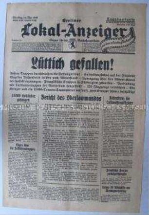 Tageszeitung "Berliner Lokal-Anzeiger" u.a. über die Einnahme Lüttichs durch die Wehrmacht