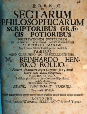 De Sectarum Philosophicarum Scriptoribus Græcis Potioribus Dissertatio Historico-Philologico-Critica ..., 2. Posterior