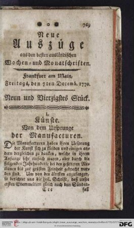 (Neun und Vierzigstes Stück. Freitags, 7ten Decemb. 1770 - Zwei und Fünfzigstes Stück, welches das Register zu diesem Jahrgang enthält. Freitags, den 28ten Decemb. 1770)