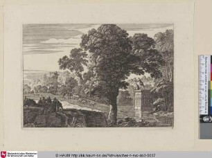 [Ein bach, rechts zwei Jungen auf einer Terrasse; A brook, two boys on a terrace on the right]