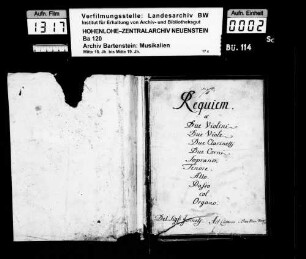 Nicolo Jommelli: Requiem / à / Due Violini / Due Viole / Due Clarinetti / Due Corni / Soprano. / Tenore. / Alto. / Basso / col / Organo. / del Sig. Jomeli / Es-dur; Ms.ca. 1780; komponiert 1756.