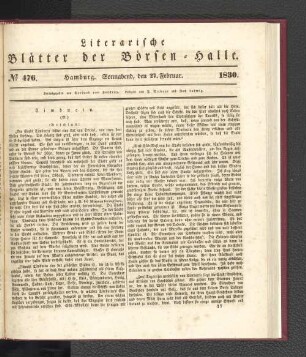 No 476. Hamburg. Sonnabend, den 27. Februar. 1830.