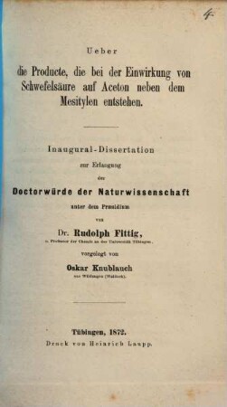 Über die Producte, die bei der Einwirkung von Schwefelsäure auf Aceton neben dem Mesitylen entstehen