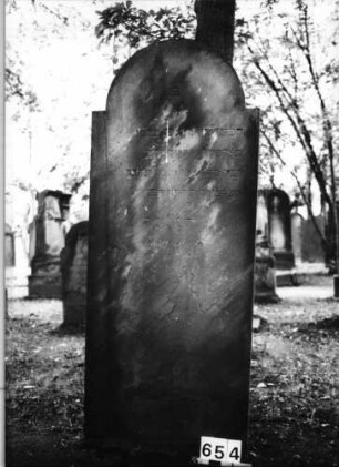 Grabstein 654 (Index: 99630156) Material: Sandstein Zustand: stark verwittert, unten abgeblättert Maße HxBxT: 178x72x9 cm Beschreibung: Stele mit eingezogenem Rundbogenabschluß: Grabstein 654