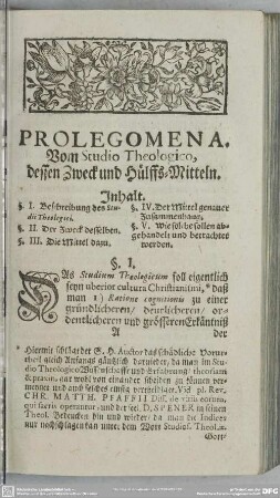 Prolegomena. Vom Studio Theologico, dessen Zweck und Hülffs-Mitteln