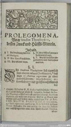 Prolegomena. Vom Studio Theologico, dessen Zweck und Hülffs-Mitteln