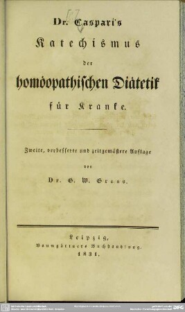 Dr. Caspari's Katechismus der homöopathischen Diätetik für Kranke