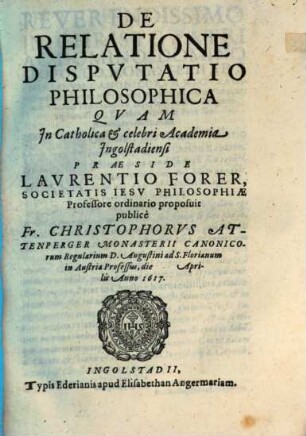 De Relatione Dispvtatio Philosophica