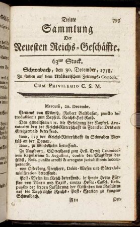 63tes Stuck. Schwabach, den 30. December, 1758.