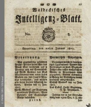 No. 3, Dienstag, den 20ten Januar 1807