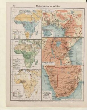 Nebenkarten zu Afrika, I. Niederschlagsmengen, II. Vegetationsverhältnisse, III. Volksdichte, IV. Togo und Kamerun, V. Deutsch-Ostafrika, VI. Deutsch-Südwestafrika, Britisch-Südafrika