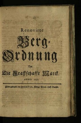 Renovirte Berg-Ordnung Vor Die Graffschaft Marck