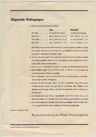 Werbeblatt Anrechts-Bedingungen der Sächsischen Staatstheater für die Spielzeit 1930/1931. Rückseite: Allgemeine Bedingungen. In: Programmheft Sächsische Staatstheater, Schauspielhaus Dresden. 08.05.1930. Druck; 29,5 x 20,5 cm. Dresden: SLUB Z.4.8