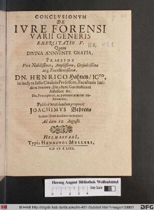 Conclusionum De Iure Forensi Varii Generis Exercitatio V.