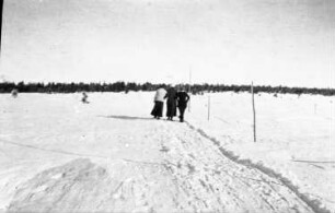 Erzgebirge. Drei Spaziergänger auf einem Winterweg