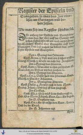 Register der Episteln und Evangelien so man das Jar uber liset
