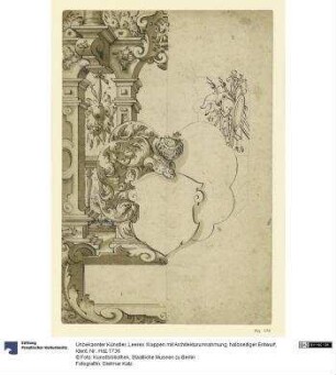 Leeres Wappen mit Architekturumrahmung, halbseitiger Entwurf