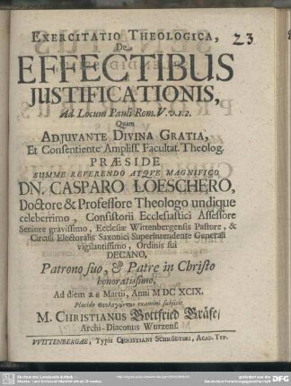 Exercitatio theologica, de effectibus justificationis : ad locum Pauli Rom. V. v. 1. 2.
