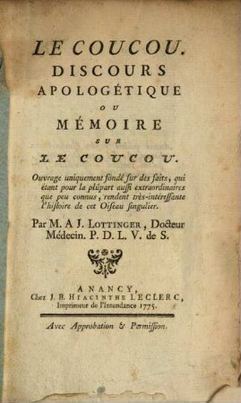 Le Coucou : Discours Apologétique Ou Memoire Sur Le Coucou ...