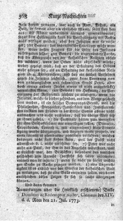 Beytrag zu den zufälligen Gedanken und Anmerkungen über die Bulle Dominus, ac Redemptor noster Clemens des XIV. ddo. Rom den 21. Jul. 1773.