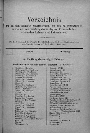 Verzeichnis der an den höheren Staatsschulen, an den halböffentlichen, sowie an den prüfungsberechtigten Privatschulen wirkenden Lehrer/-innen