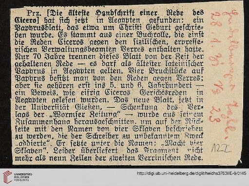 Die älteste Handschrift einer Rede des Cicero, Ztgsausschn. aus: Heidelberger Tagblatt Nr. 23, 28.1.1931 (Cicero: Verres-Hs. (Frg.); Gießen: Univ.: Cicero: Verres-Hs.)