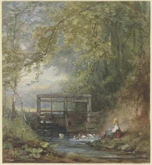 Gänsehirtin an einer Schleuse
