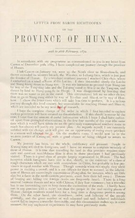 Letter from Baron Richthofen on the province of Hunan